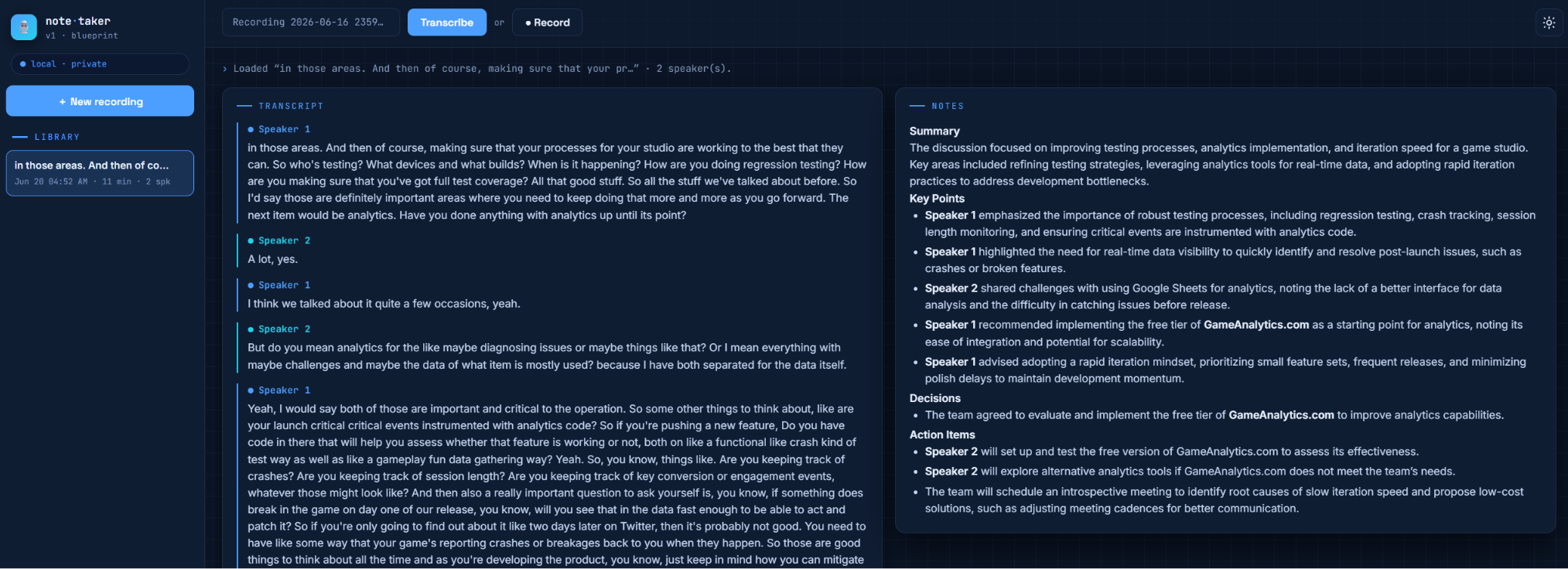 AI Note-Taker — transcript and AI-generated notes