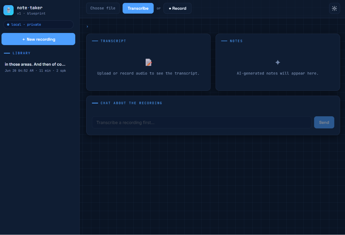 AI Note-Taker — landing screen